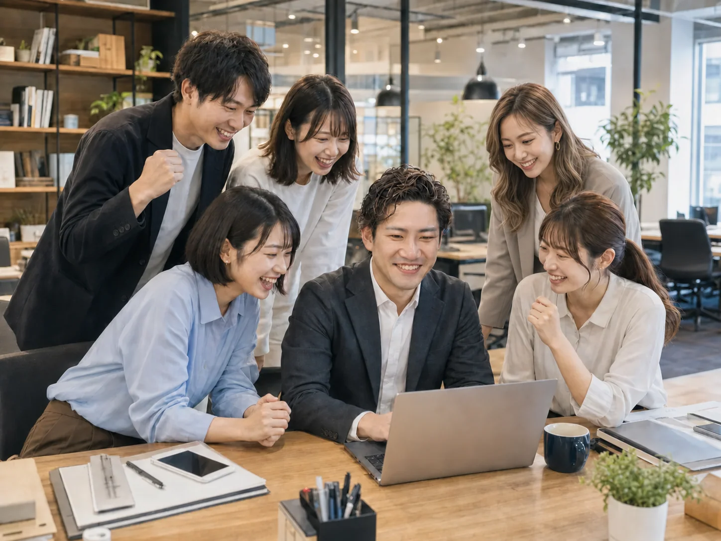 代表と若いスタッフが仕事の成果を喜ぶチーム