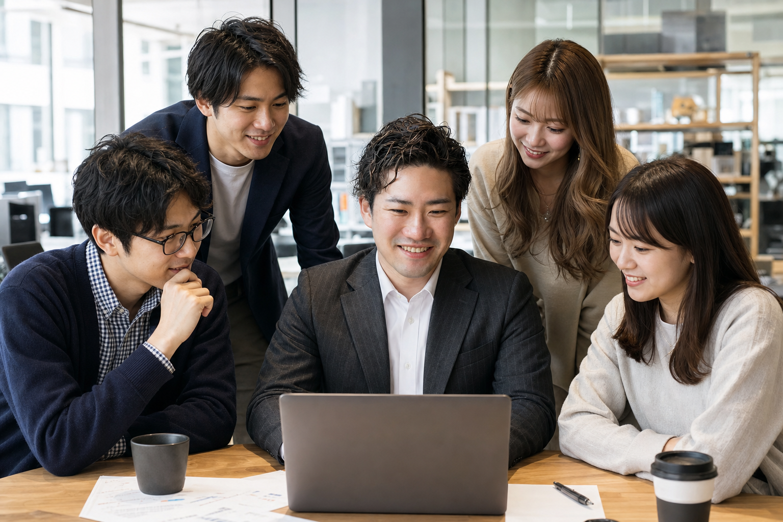 代表と若いスタッフが仕事の成果を喜ぶチーム